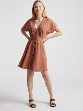 Quince Vintage Wash Tencel Button Front Dress Terracotta Orange Womens Large